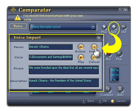 Import the Barack Obama's sample voice into Comparator